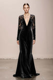 Dark Green V-Neck Velvet Mermaid Long Formal Dress with Lace